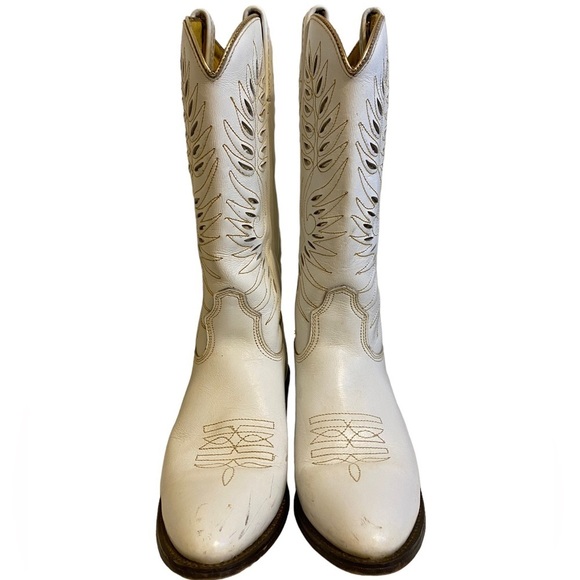 Acme Vintage 60’s women’s white cowboy boots with gold inlay and trim size 6.5 C - Picture 2 of 7
